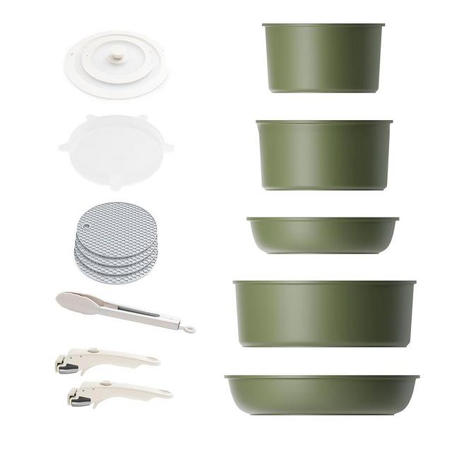 Caannasweis Pots and Pans Set Nonstick, Detachable Handle Cookware Sets, Stackable Induction Kitchen Cookware with Removable Handle, RV and Camping Cookware, Dishwasher and Oven Safe, 5 Pots Green