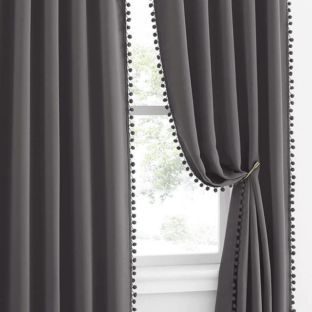 NICETOWN Pompoms Blackout Curtains Panels for Small Window, Energy Efficient Thermal Insulated Rod Pocket Cute Room Darkening Drapes for Nursery Kids Child Room (2 Panels, W42 x L63 inches, Grey)