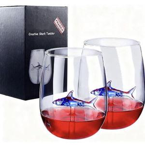 Shark Wine Glass, Personalized Stemless Crystal Shark Wine Glasses with Shark Inside (Set of 2), Fancy Cool Red Wine Cups, Unique Shark Lover Gifts for Women Party Birthday Wedding (Blue)