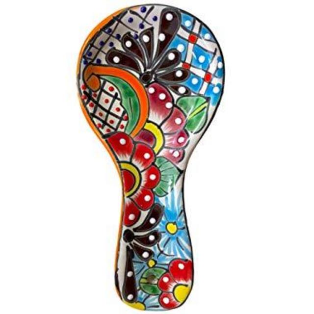 Colorful Kitchen Ceramic Spoon Rest - Hand Painted - Mexican Style Cuchara (Multicolor)