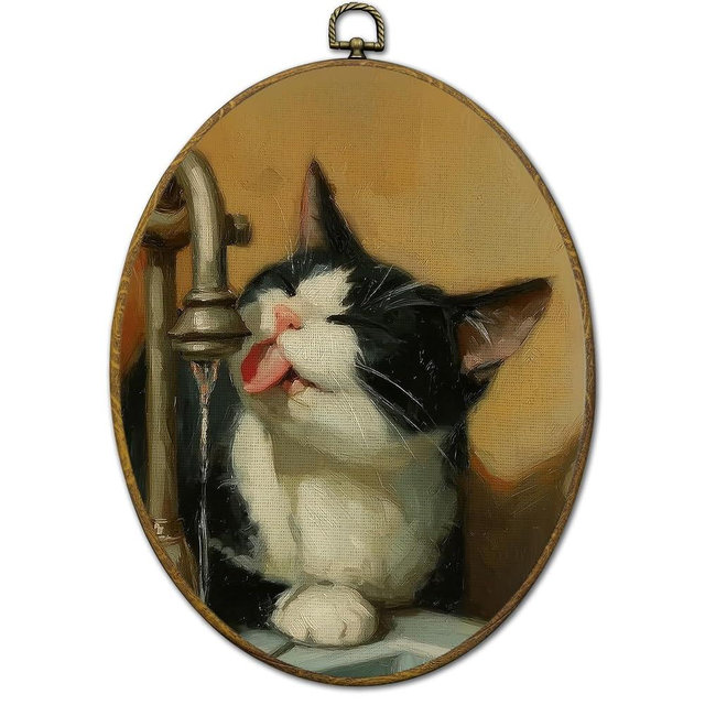 QZQE Funny Cat Bathroom Oval Wall Art Decor Framed, Vintage Rustic Whimsical Cats Oval Canvas Prints, Funny Cat Drinking Wall Hanging Decor for Washroom Restroom Home Bedroom Living Room, 8.6x11.4 Inch