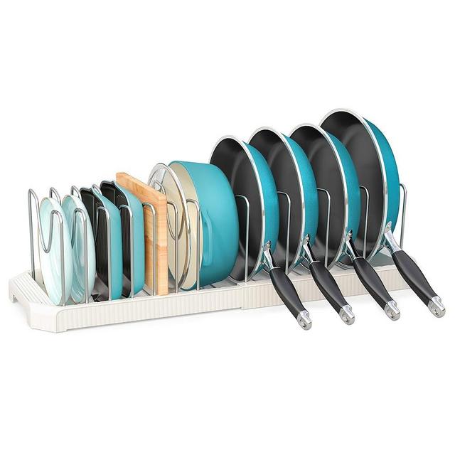 Pantasia Pots and Pans Organizer for under Cabinet, Expandable Pan Pot Organizers inside Cabinet, Heavy Duty Pot Rack for kitchen organizers and storage Holder with 12 adjustable compartment White