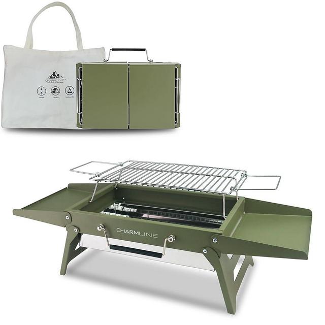 Charmline 14x9inch Small Desktop Charcoal Grill, Liftable Grilling Net, Saving Space Grill for Indoor and Outdoor, BBQ Grill for Camping, Gardens, Picnics, Beach Parties, Green