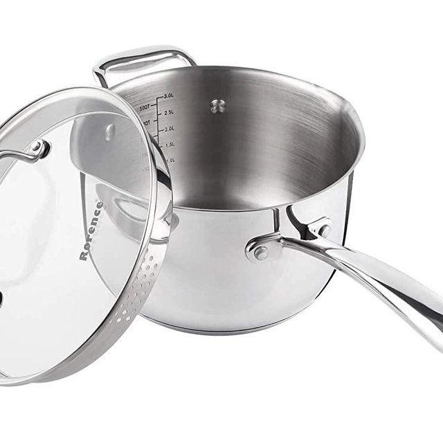 Rorence Stainless Steel Saucepan Sauce Pan with Pour Spout & Glass Lid with Strainer - 3.7 Quart