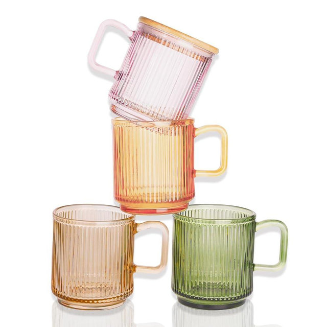 WeirdUncle Ribbed Glass Coffee Mug with bamboo lids and handle, so cute, 12oz Tea Drinking Glasses, Fluted Design, Ideal for Water, Iced Coffee, Juice, Latte, Milk, Gift (Colored)