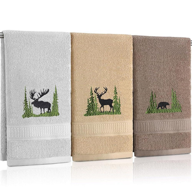 FuWeave 3 Pcs Famhouse Cabin Bear Hand Towels Forest Moose Deer Embroidered Decorative Bathroom Towels for Bathroom Kitchen Decor, 100% Cotton, 13.3 x 29.5''