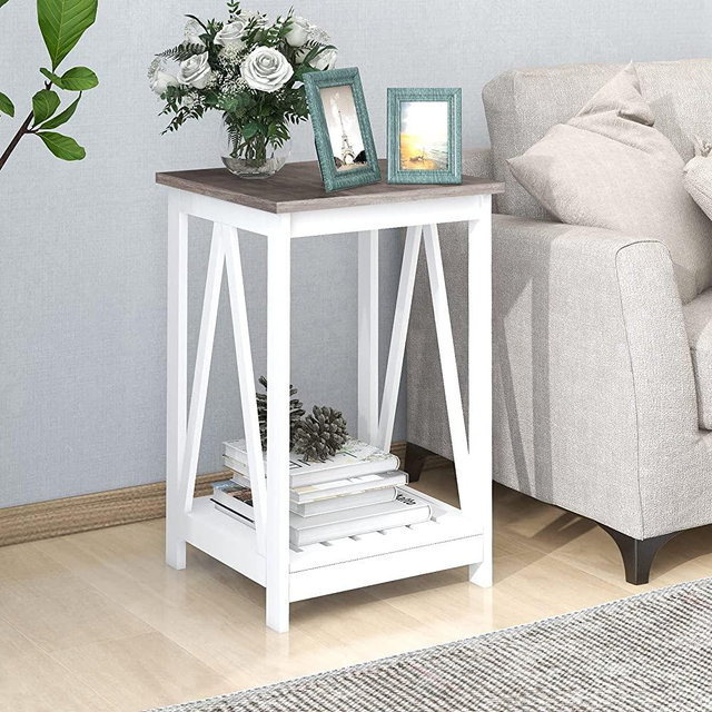 UYIHOME Farmhouse Square End Table, Accent Side Table with Slats Design, Sofa Side Nightstand Table with Sturdy Frame for Living Room Bedroom, Oak Grey