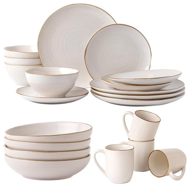 famiware Tempus 20 Piece Stoneware Dinnerware Sets, Plates and Bowls Set for 4, 4 Piece 40 oz Pasta Bowls, 4 Piece 14 oz Mug Set - Antique White