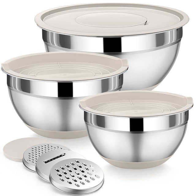P&P CHEF Mixing Bowl with Lids Set of 3, Stainless Steel Nesting Salad Bowls for Serving Preparing, 3 Grater Attachments & Non-Slip Bottoms, Size 1.5/2.6/4.6 QT, Khaki