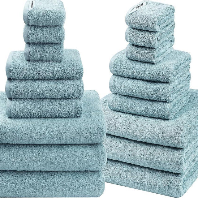 SEMAXE 18-Pack Bath Towel Set Include 6 Bath Towels, 6 Hand Towels, 6 Wash Cloths, 100% Cotton Bathroom Towels with Hanging Loops and Nano-Bio Lifecycle Labels, Soft and Absorbent Towel, Blue