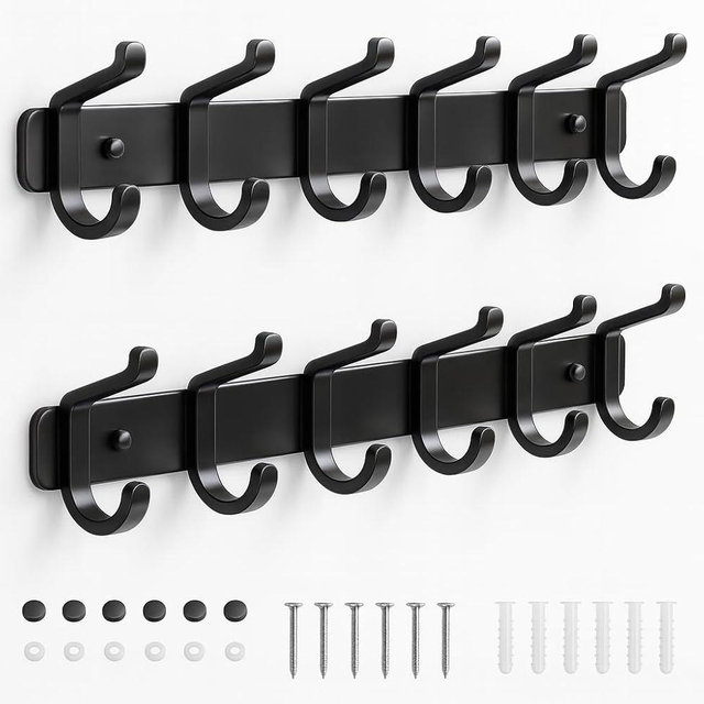 pickpiff Coat Rack Wall Mounted Heavy-Duty: Metal Coat Hanger 6 Hooks for Hanging Hat, Clothes, Robe, Keys, Backpack, Bathroom Towels, Jacket, Purse - Closet, Door, Entryway, Mudroom (Black, 2 Pack)
