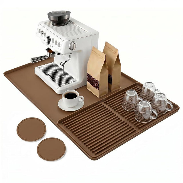 Mrcrypos Silicone Coffee Mat 16X24in - Non-Slip Espresso Countertop Mat, Spill Proof Coffee Bar Mat for Kitchen Station with Detachable Dish Drying Mats Fit Cafes & Office Countertops, Brown