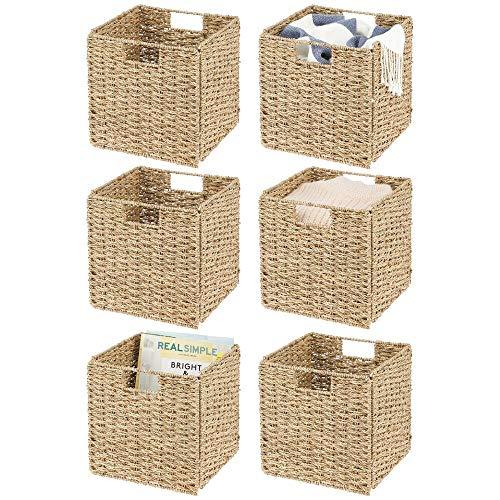 mDesign Natural Woven Seagrass Closet Storage Organizer Basket Bin - Collapsible - for Cube Furniture Shelving in Closet, Bedroom, Bathroom, Entryway, Office - 10.5" High, 6 Pack - Natural/Tan