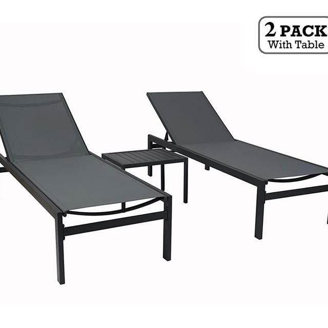 Kozyard Modern Full Flat Alumium Patio Reclinging Adustable Chaise Lounge with Sunbathing Textilence for All Weather, 5 Adjustable Position, Very Light, Anti-Rusty (2 Pack Gray w/Table)