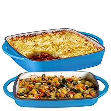 2 in 1 Enameled Cast Iron 11 Inch Square Casserole Baking Pan With Griddle Lid 2 in 1 Multi Baker Dish, Blue Whale