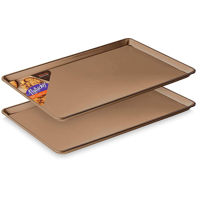 Nonstick Cookie Sheet Baking Pan - 2PC 2QT Large Metal Oven Baking Tray Mega Pan Kitchen Cooking Non-Stick Bake Trays - Stylish Metallic Coating PFOA, PFOS, PTFE Free - NutriChef NCLGBP28