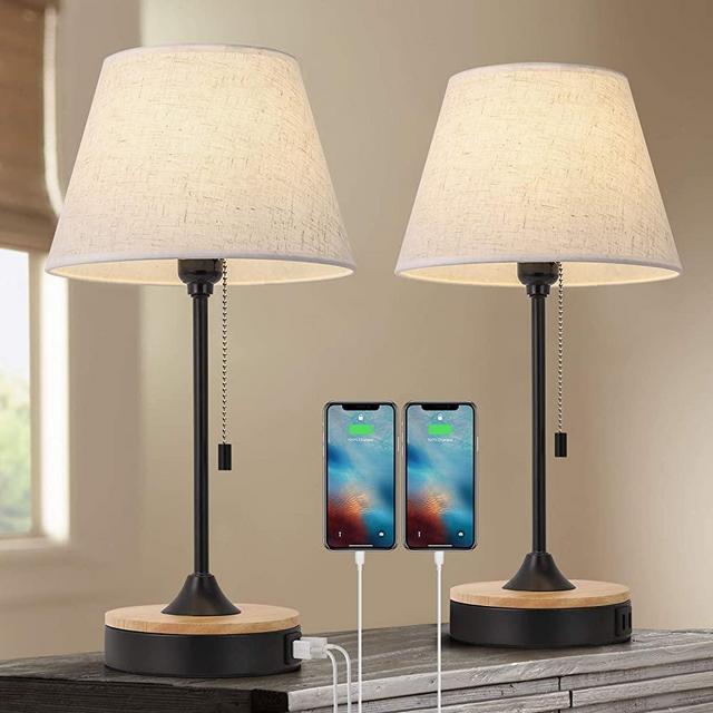 USB Table Lamp Set of 2, Wood Desk Lamps with Dual USB Charging Port, Modern Nightstand Bedside Lamps with Linen Lampshade for Bedroom, College Dorm, Coffee Table, Dressers