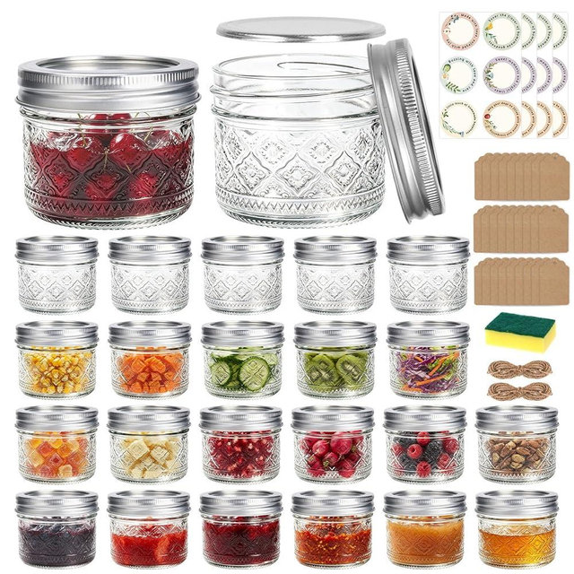 STARSIDE 4oz Embossed Glass Mason Jars 24 Pack, Small Regular Mouth Canning Jars with Airtight Lids for Jams, Jelly, Honey, Snacks, Spices, DIY Gifts & Wedding Favors