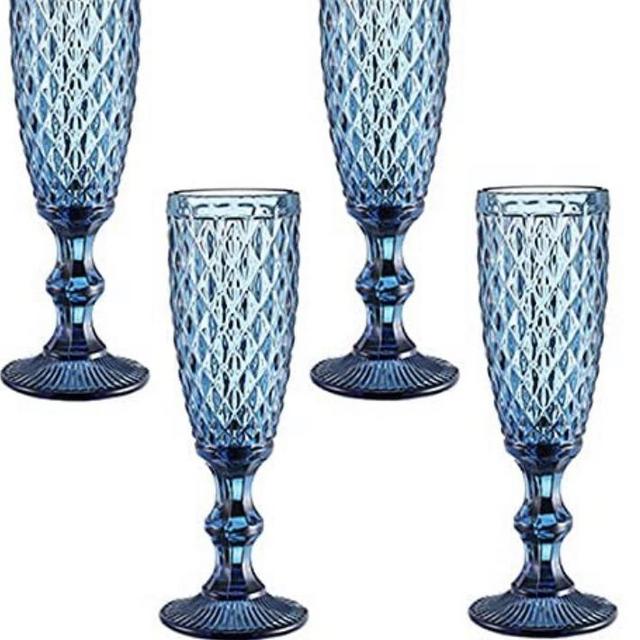 Blue Champagne Flutes Set of 4 Classy Champagne Glass 5oz European Elegant for Women Men Wedding Anniversary Christmas Birthday Party Embossed Juice Cup ( Blue set of 4 )