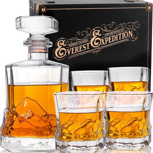 Unique Everest Whiskey Decanter Set with Glasses in Wooden Gift Box - Mountain Expedition Theme - Airtight Heavy 750ml Bourbon Decanter with 4 Heavy Scotch Tumblers - Whiskey Decanter Sets for Men