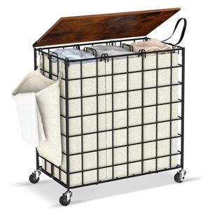 Laundry Basket with Wheels, Heavy Duty Laundry Sorter 3 Sections, 140L (37Gal.) Large Capacity Laundry Hamper with Wood Lid, 360 Rolling Wheels, Extra Side Pocket, Leather Pull Handle (Beige)