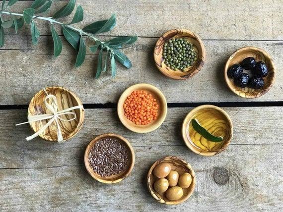 Wooden Mini Bowls, Made of Olive Wood. Dip Bowls, Handcrafted Polished by Olive oil, olive wood bowl Set of 4, 6, 8, 10. Dipping Bowl set