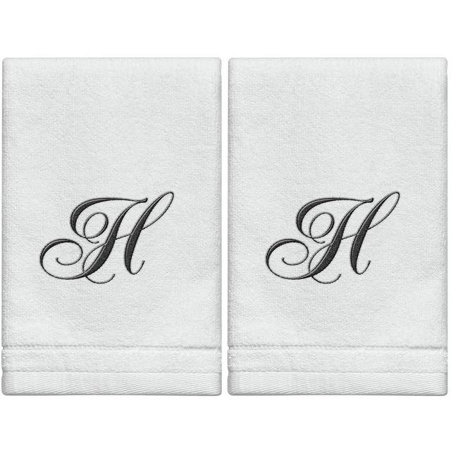 Monogrammed Towels Fingertip, Personalized Gift, 11 x 18 Inches - Set of 2- Black Embroidered Towel - Extra Absorbent 100% Cotton- Soft Velour Finish - For Bathroom/ Kitchen/ Spa- Initial H (White)