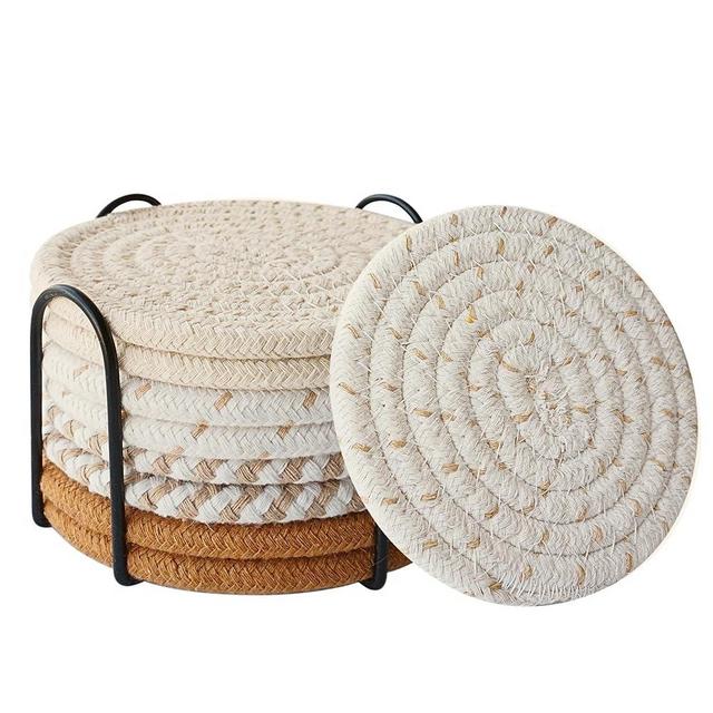 Lazebox Coasters Set of 8 for Drinks, Beer, Coffee, Cotton Woven 4 Colors Absorbent Coaster with Holder, Boho Coasters for Home Decor Tabletop Protection Suitable for Kinds of Cups