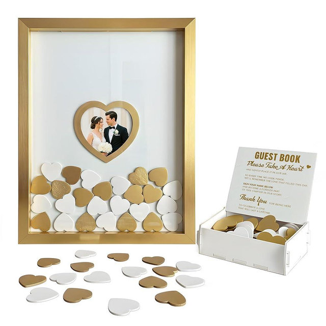 Drezya Gold Wedding Guest Book Alternative for Reception with Hearts Guest Book Wedding Reception a Frame Sign Decor Books Recuerdos para Boda Baby Scrapbook Wooden Frames