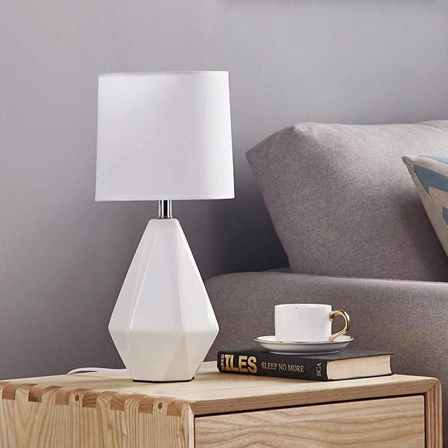 Modern Ceramic Small White Table Lamp, Night Light Lamp, Irregular Geometric Desk Lamp for Bedroom, Living Room, Kitchen, Dining Room with White Fabric Shade
