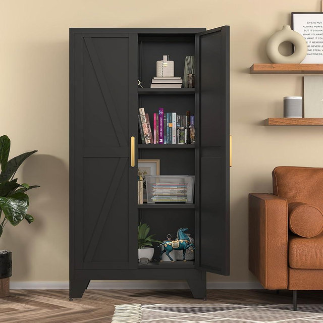 COFaR Black Farmhouse Storage Kitchen Pantry Cabinet with 2 Barn Door, 3 Adjustable Shelves and Legs, for Cupboard/Dining Room/Bathroom/Living Room/Office/Laundry Room (Black, 61" Farmhouse)