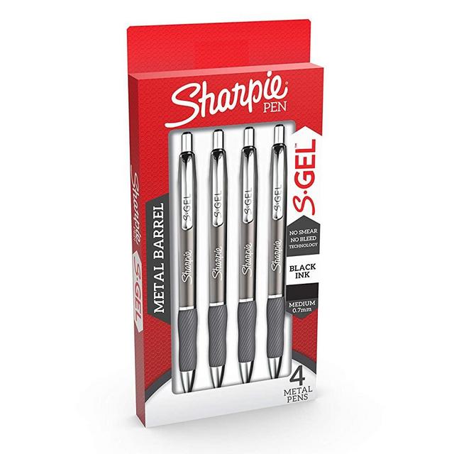 Sharpie S-Gel, Gel Pens, Sleek Metal Barrel, Gunmetal, Medium Point (0.7mm), Black Ink, 4 Count