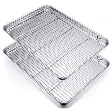 P&P CHEF Extra Large Baking Sheet and Cooking Rack Set, Stainless Steel Cookie Half Sheet Pan with grill rack, Rectangle 19.6''x13.5''x1.2'', Oven & Dishwasher Safe, 4 Piece (2 Pans+2 Racks)