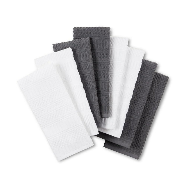 KitchenAid Cotton Classics Textured Solid Kitchen Towels 8-Pack, Absorbent 100% Cotton, Charcoal Grey/White, 17”x28”