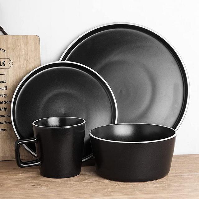 Stone lain Allison Stoneware Dinnerware Set, 32-Piece Service for 8, Black Matte, White Rim