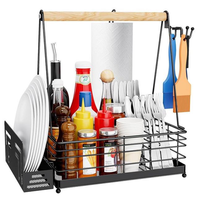 JBBTOOL Grill Caddy, BBQ Caddy for Outdoor Grill with Paper Towel Holder, Picnic Condiment Utensil Caddyfor Outdoor Camping, Barbecue, RV Patio, Tailgate Essentials, Grilling Gifts for Men, Dad