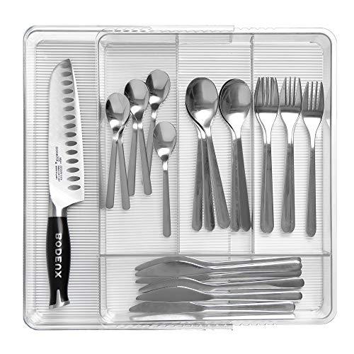 Slideep Expandable Silverware Drawer Storage Organizer, Adjustable 5 Compartment Kitchen Cabinet Cutlery Tray, Serving Spoons, Cooking Utensils, Gadgets Storage Holder - 2.1" Deep - Clear
