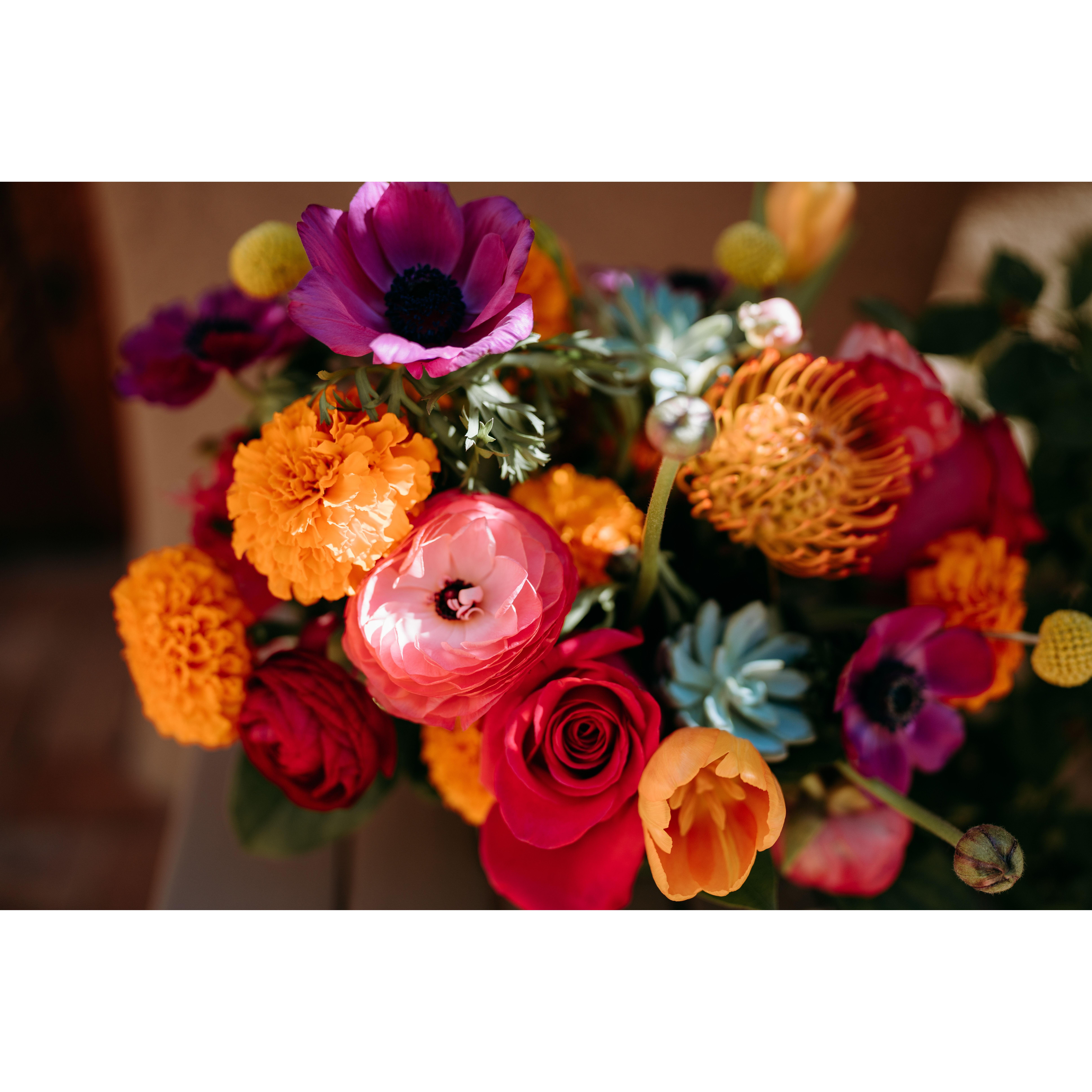 Hot pink and orange themed flower bouquet