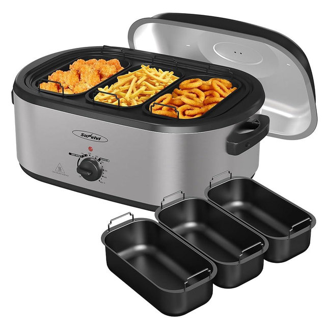 Sunvivi Electric Roaster Oven, Roaster with Removable 3-bin Buffet Server, 20 QT Turkey Roaster Oven with 150-450°F Full-Range Temperature Control, Removable Pan & Rack, Stainless Steel, Silver