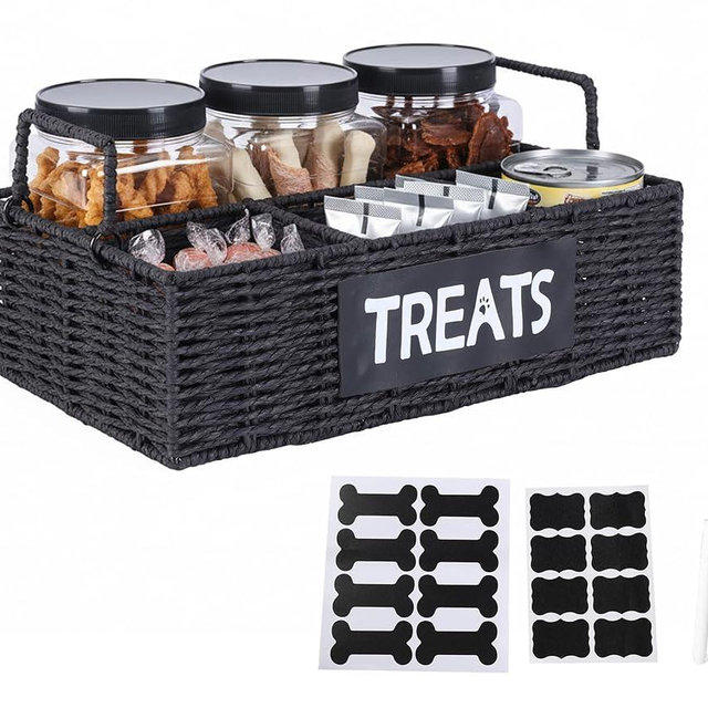 Brabtod Dog Treat Container for Countertop,3pcs Pet Dog Treat Jars 1 Liter,4-Compartments Dog Treat Organizer,Woven Paper Rope Basket with Metal Frame for Pet Treats-Black