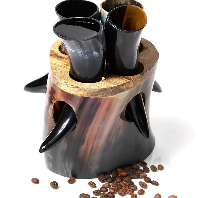 LANITI Viking Drinking Horn Shotglass Medieval Style Genuine Ox Horn Handcrafted Custom-Made Stand Horn Shots for Mead, Ale Viking Gift For Men (4 Set Horn Shots with Stand)