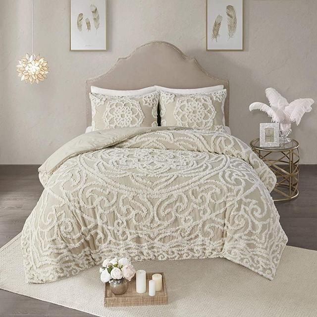 Madison Park Laetitia Comforter Bohemian Tufted Cotton Chenille, Medallion Shabby Chic All Season Down Alternative Bed Set with Matching Shams, King/Cal King(104"x92"), Floral Taupe