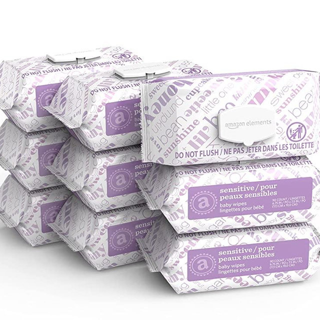 Amazon Elements Baby Wipes, Sensitive, White , 80 Count (Pack of 9) (720 Count)