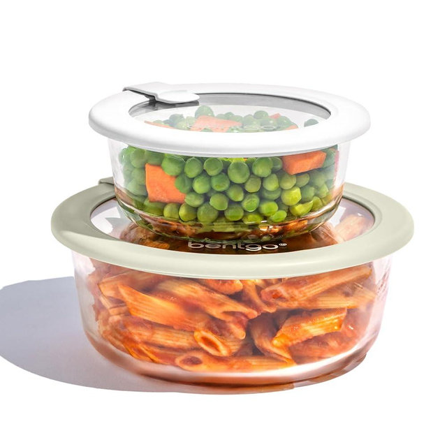 Bentgo Signature Leak-Proof Glass Food Storage - 4-Piece Set, 1-Compartment Plastic-Free Containers with Airtight Glass Lids, BPA-Free, Microwave, Freezer, Oven & Dishwasher Safe (White Stone)