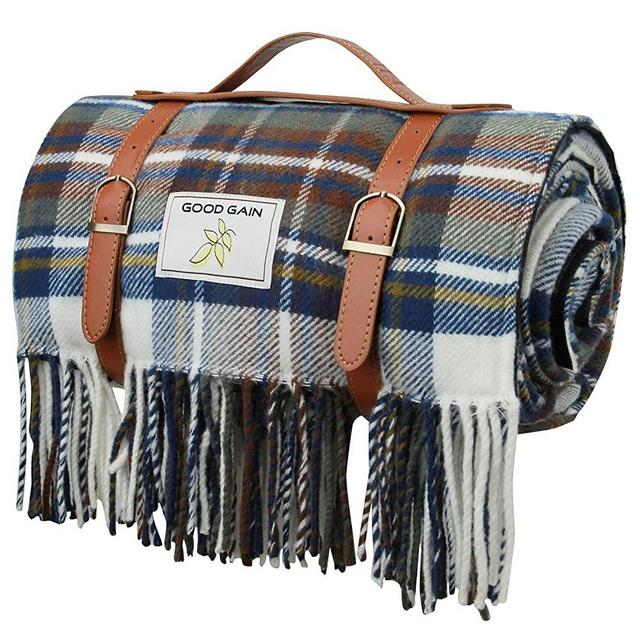 Good Gain Wool Picnic Blanket,Waterproof Backing with Handle, 60 x 80 Inch Large Size for Outdoor Travel Hiking Picnic Mat Blue Check