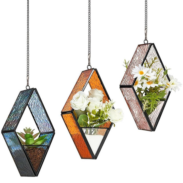 Yaomiao 3 Pcs Stained Glass Hanging Plant Terrariums Hanging Glass Planter Small Geometric Terrarium Air Plant Terrarium with Chain for Succulent Moss Holders Garden Home Wall Windowsill Balcony DIY