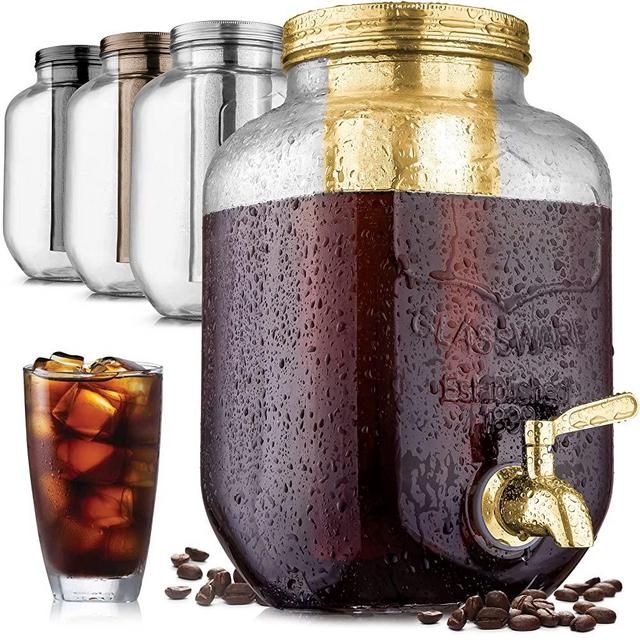 1 Gallon Cold Brew Coffee Maker with EXTRA-THICK Glass Carafe & Stainless Steel Mesh Filter - Premium Iced Coffee Maker, Cold Brew Pitcher & Tea Infuser - by Zulay Kitchen (Gold)