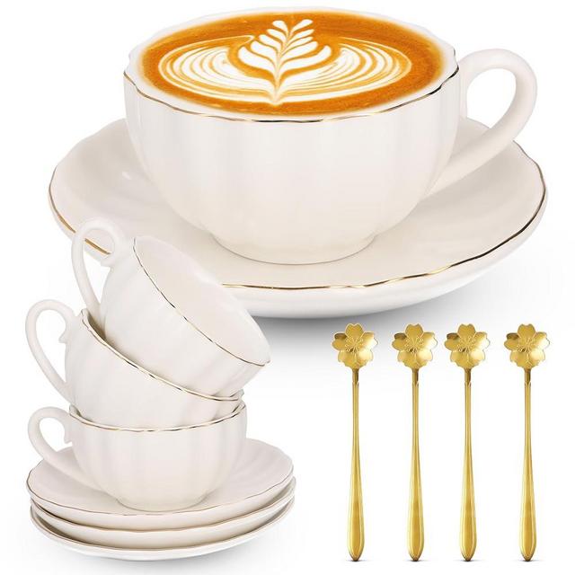 8oz Capuccino Cups Set of 4 – Porcelain Gold Rimmed White 4 Capuccino Cup and Saucer Set & Gold Spoons, Latte Cups, Coffee & Tea Mug and Saucer Set