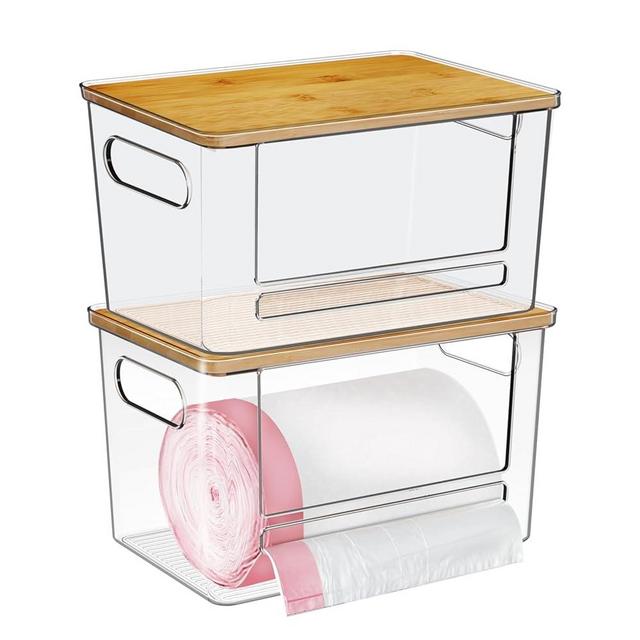 Trash Bag Dispenser 2 Pack, Acrylic Garbage Bag Dispenser with Bamboo Top, Extra Large Trash Bag Holder Dispenser Under Sink for Kitchen, Pantry, Laundry Room, Cabinet Organizer and Storage