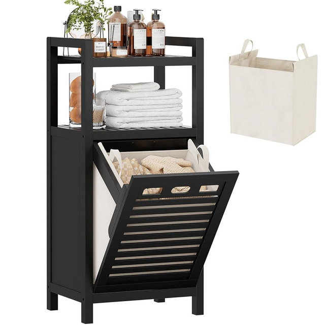 Homykic Tilt Out Laundry Hamper, 10 Gal Bamboo Laundry Storage Cabinet with Removable Basket, Hidden Hamper Organizer with Shelf for Dirty Clothes, Bathroom, Laundry Room, Space Saving, Black
